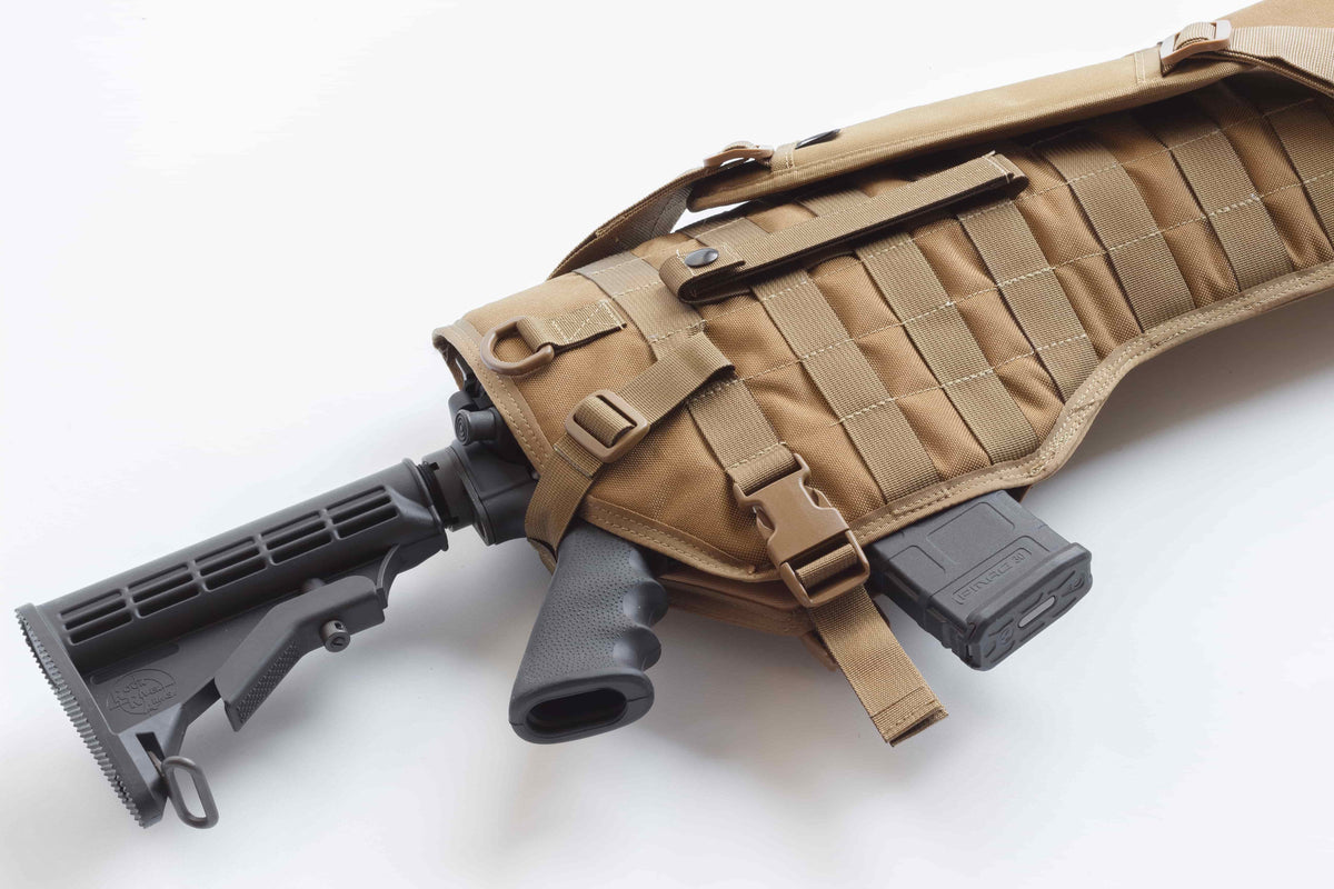 Tactical Rifle Scabbard in coyote color with black rifle