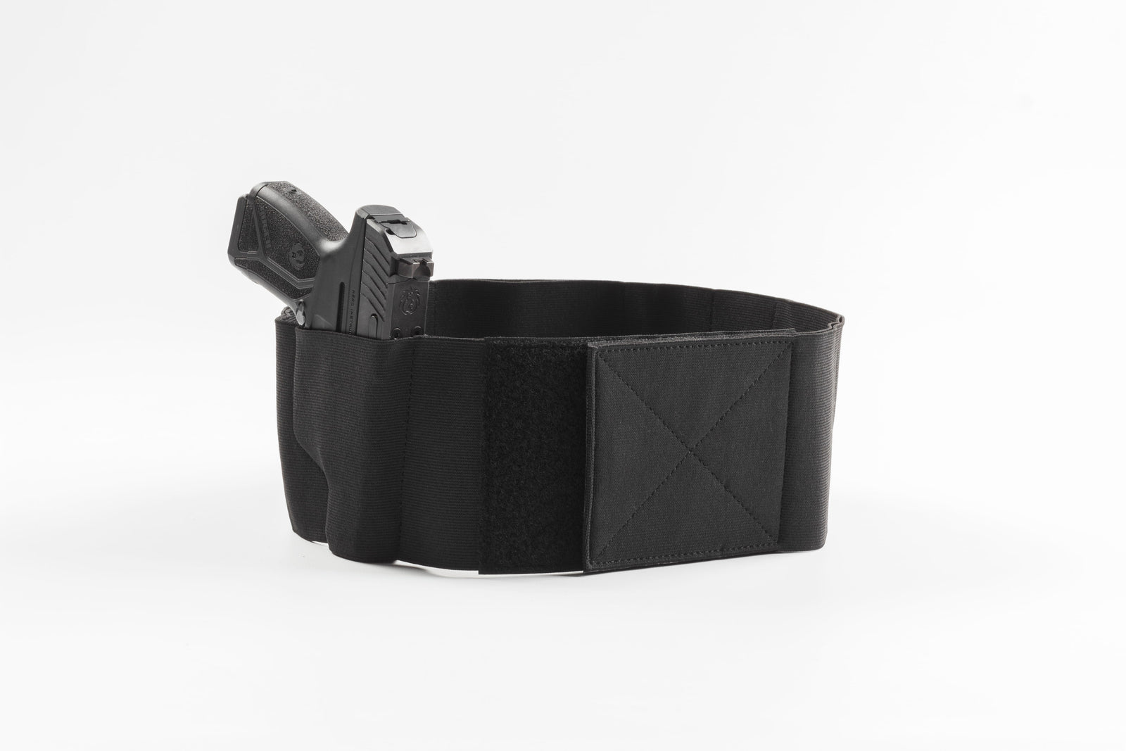Black leather belt with a gun holster on a white background