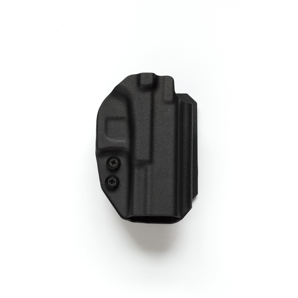 A black molded polymer holster shown from a top-down view on a clean white background.