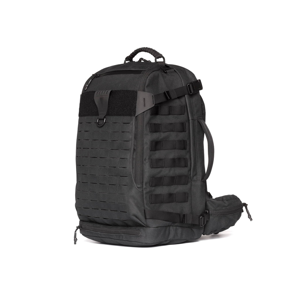 A black tactical backpack with MOLLE webbing on the front, a top carry handle, and an adjustable shoulder strap, shown against a plain white background.