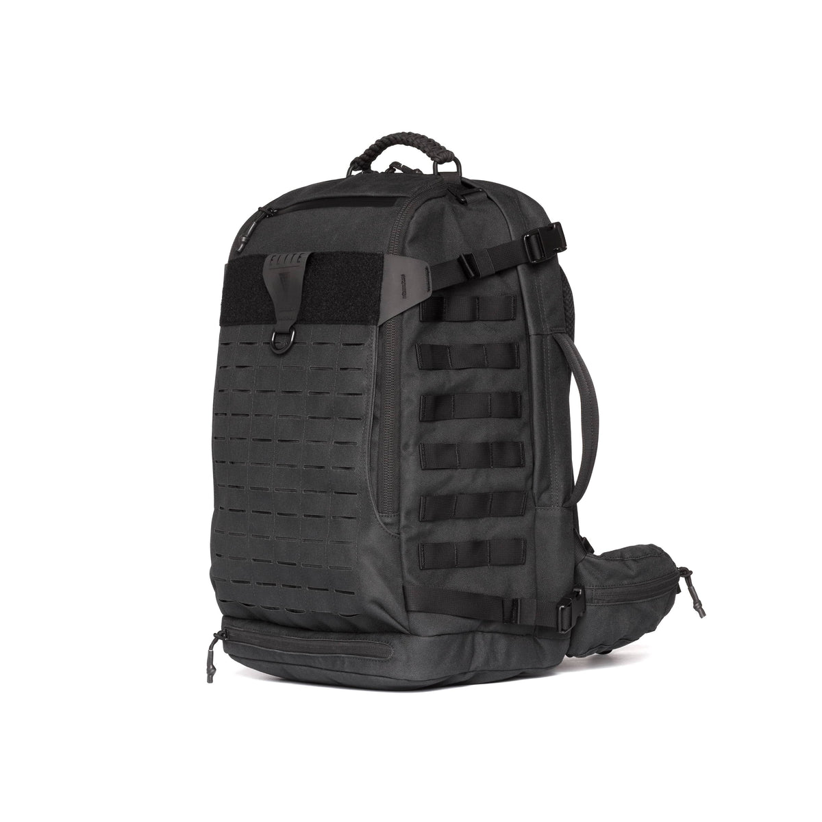 A black tactical backpack with MOLLE webbing on the front, a top carry handle, and an adjustable shoulder strap, shown against a plain white background.