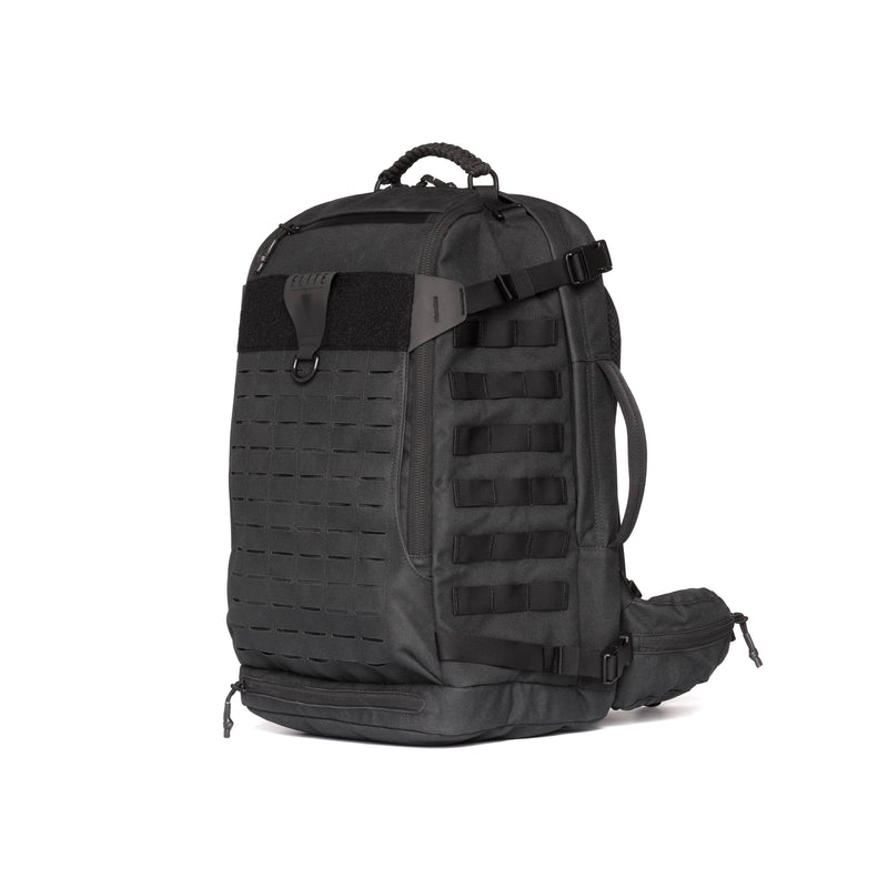A black tactical backpack with MOLLE webbing on the front, a top carry handle, and an adjustable shoulder strap, shown against a plain white background.