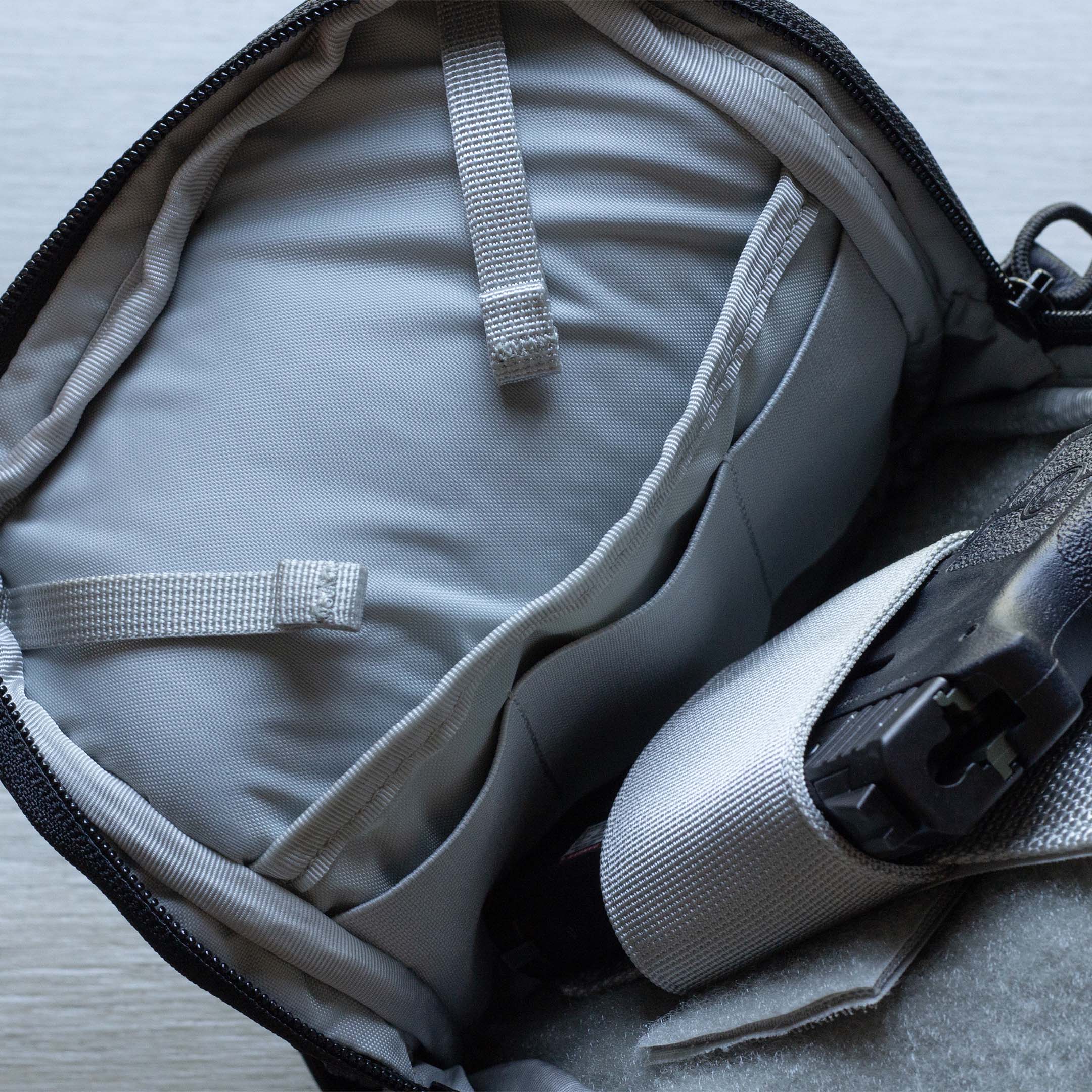 Close up of Elastic Magazine loops and Concelealed Carry Compartment