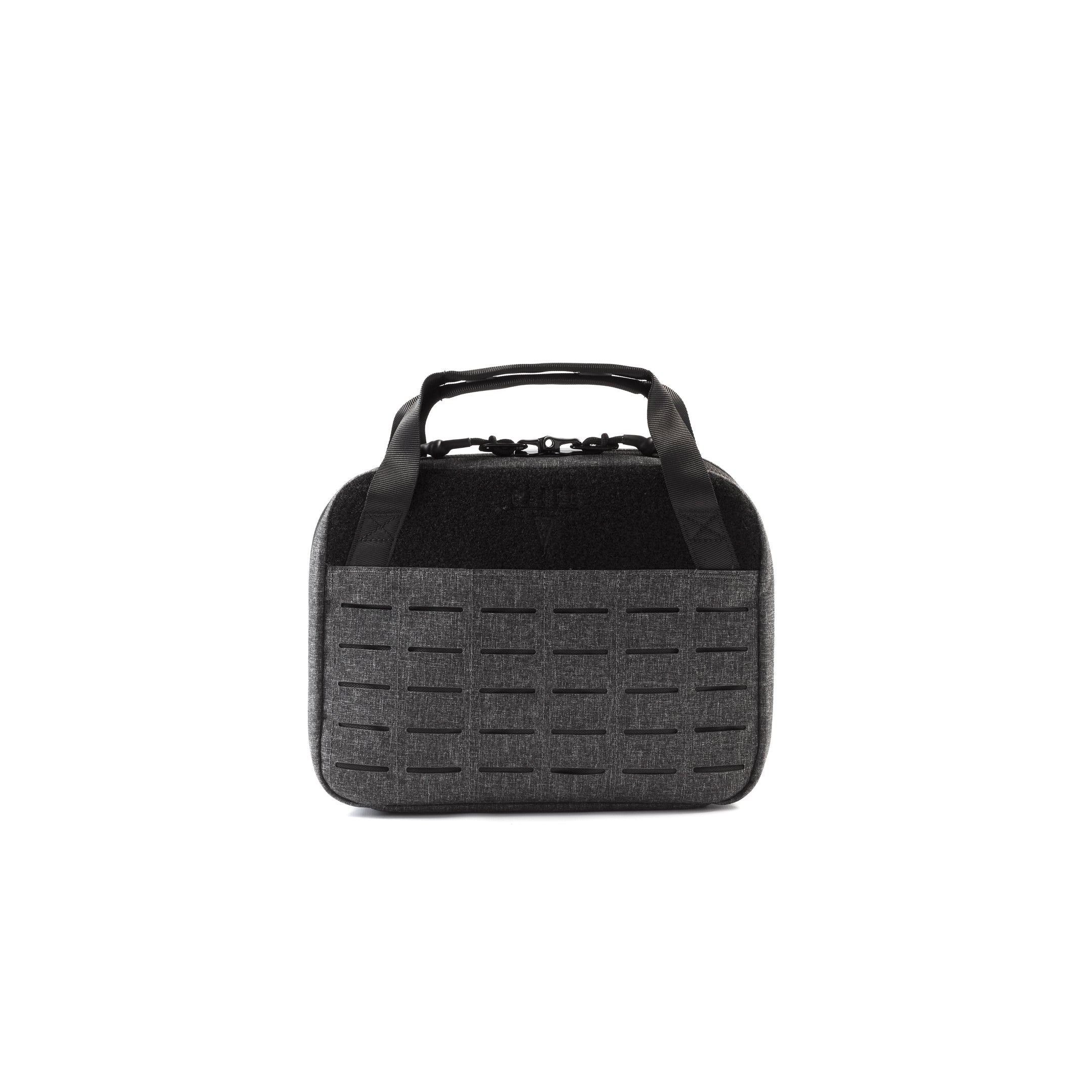 Padded Pistol Case in small size, front view showing laser-cut MOLLE panel and loop patch panel