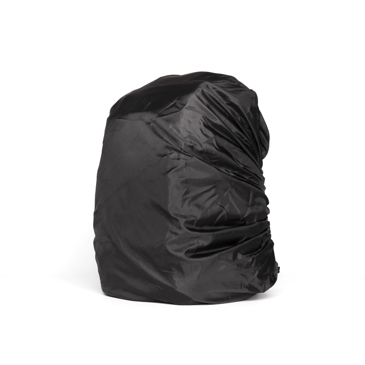 A black waterproof rain cover for a backpack, shown filled and draped on a clean white background.