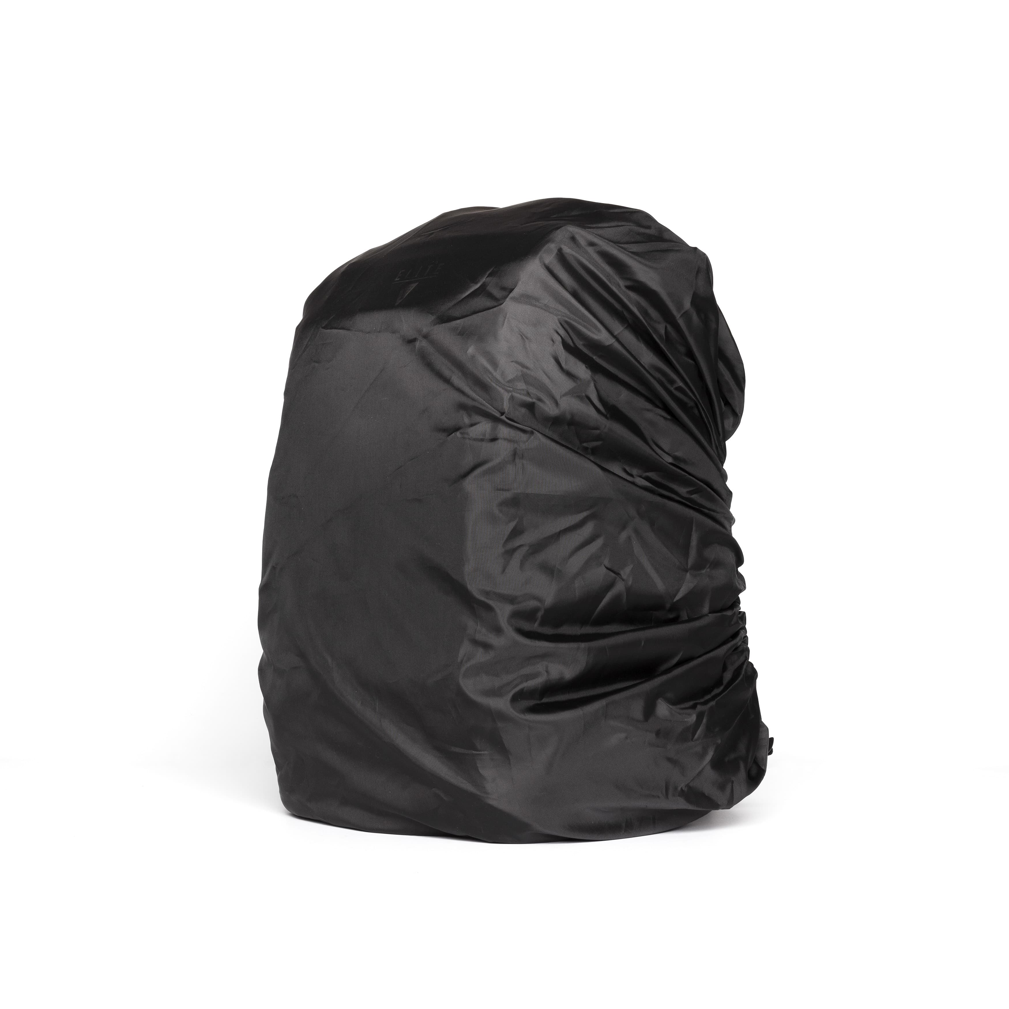 A black waterproof rain cover for a backpack, shown filled and draped on a clean white background.