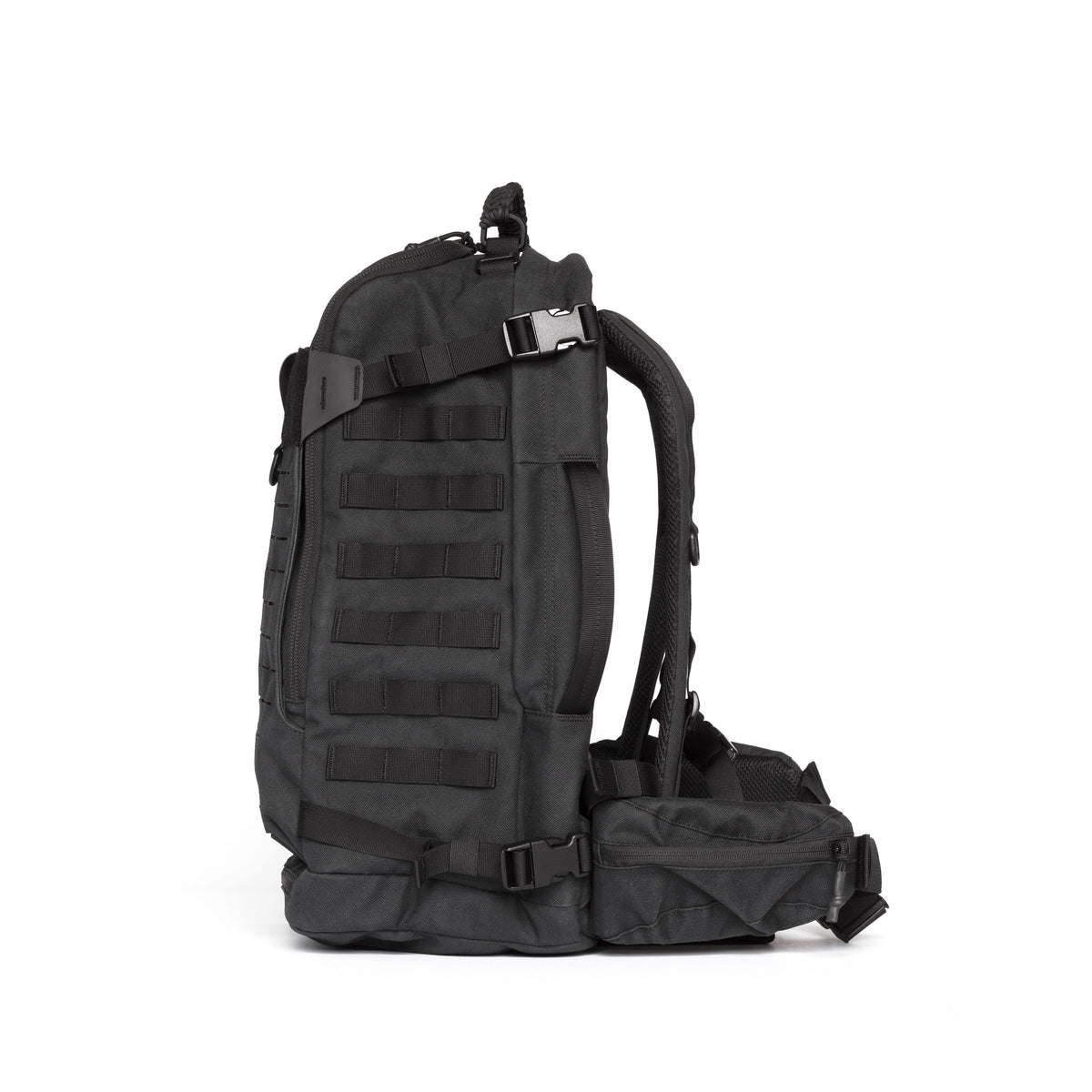 A black tactical backpack with MOLLE webbing, side compression straps, and a matching black pouch attached to the side, shown against a plain white background.