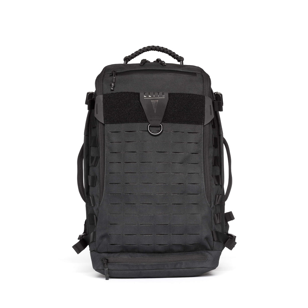 A black tactical backpack with MOLLE webbing on the front, a top carry handle, and a quick-release buckle closure, shown against a plain white background.