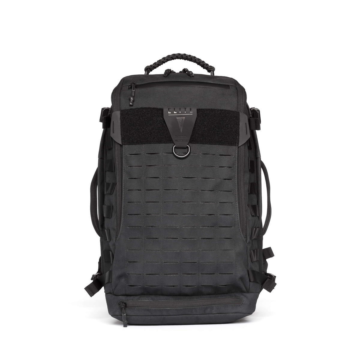 A black tactical backpack with MOLLE webbing on the front, a top carry handle, and a quick-release buckle closure, shown against a plain white background.