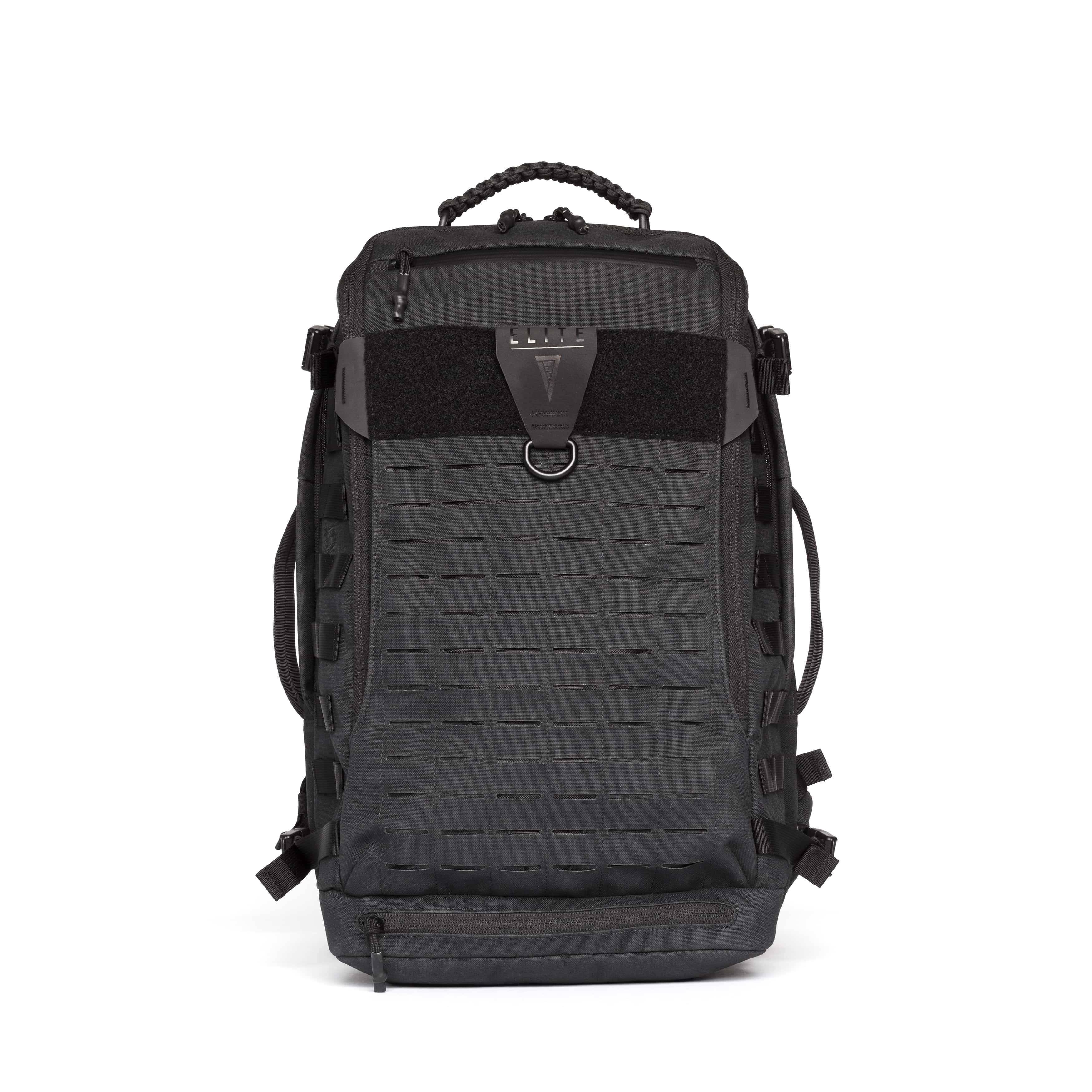 A black tactical backpack with MOLLE webbing on the front, a top carry handle, and a quick-release buckle closure, shown against a plain white background.