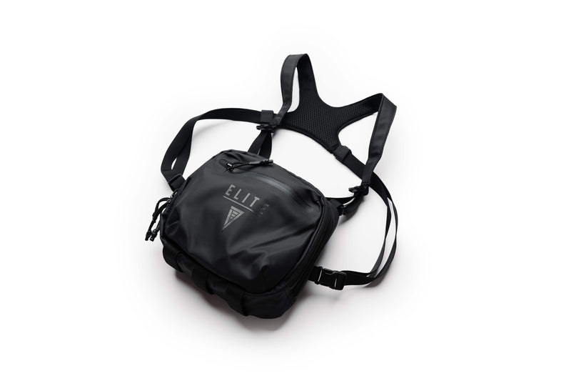 Black TrailGuard Concealed Carry Chest Holster with harness straps and ELITE logo, shown flat on white