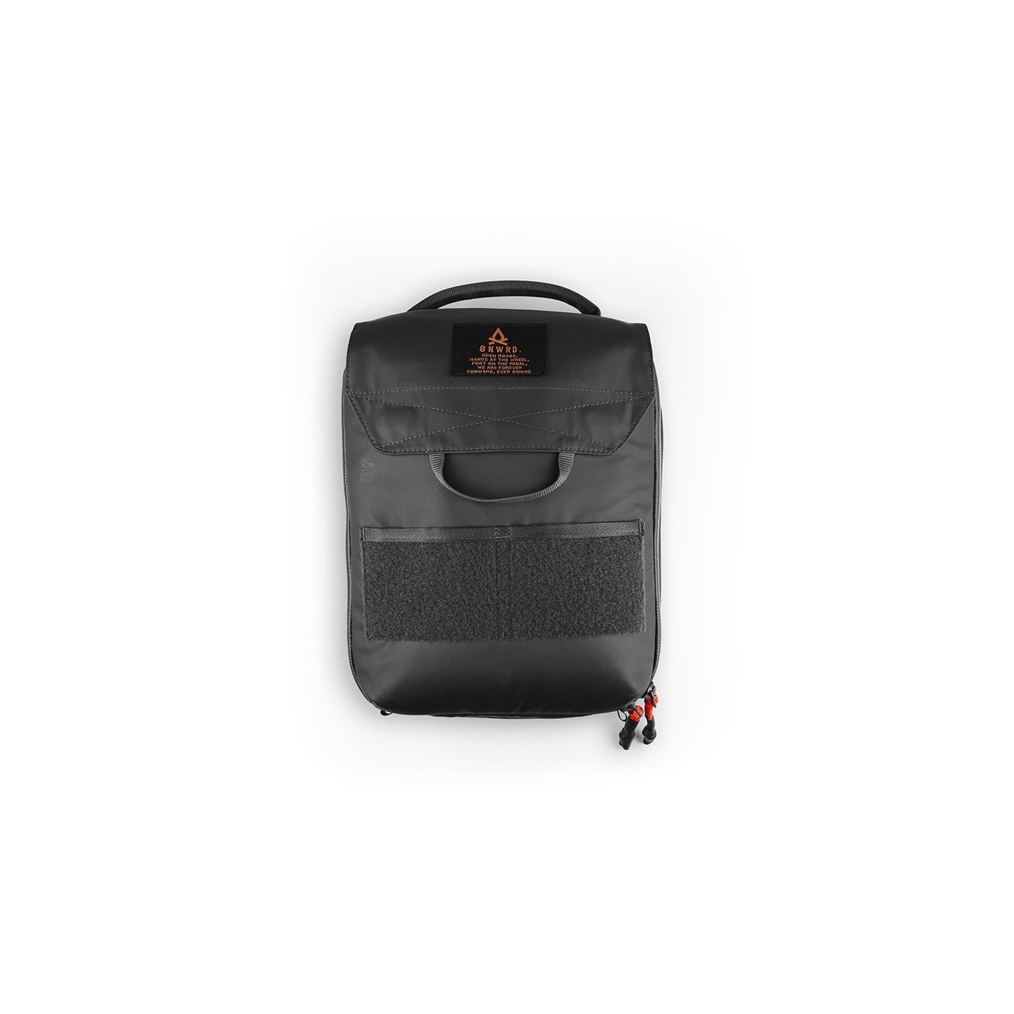 Tech Sling bag in black, front view, showing the leather ONWRD logo patch, top carry handle and orange zipper pulls.