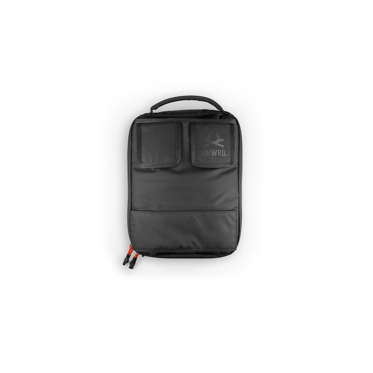 Tech Sling bag laid flat, showing its two front zip pockets and the ONWRD logo patch.