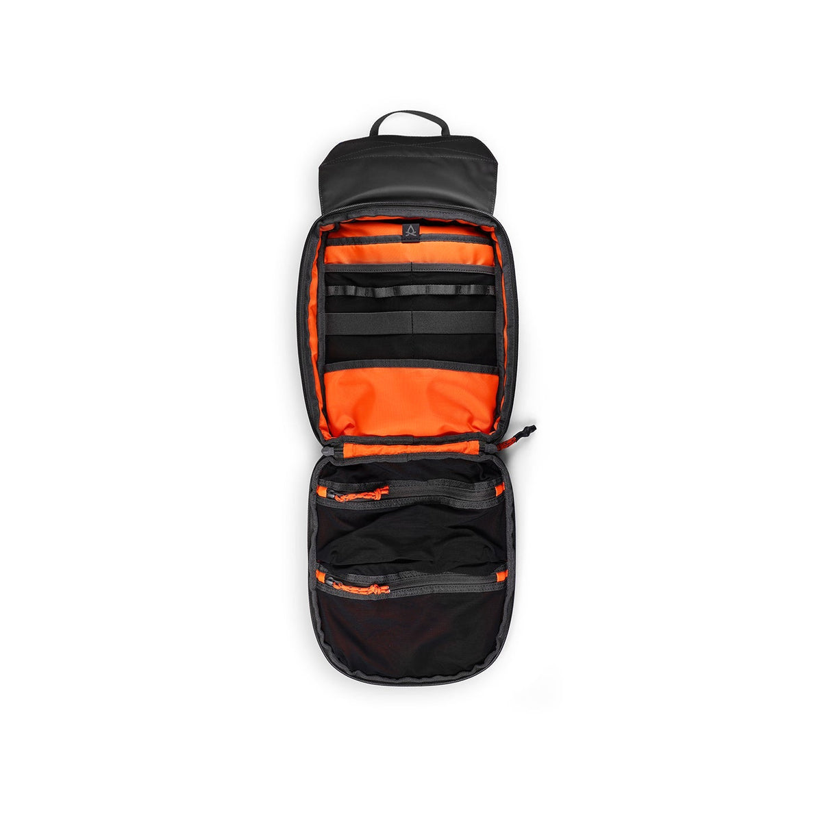 Tech Sling opened flat, showing the bright orange interior with elastic organizer loops and zippered mesh pockets.