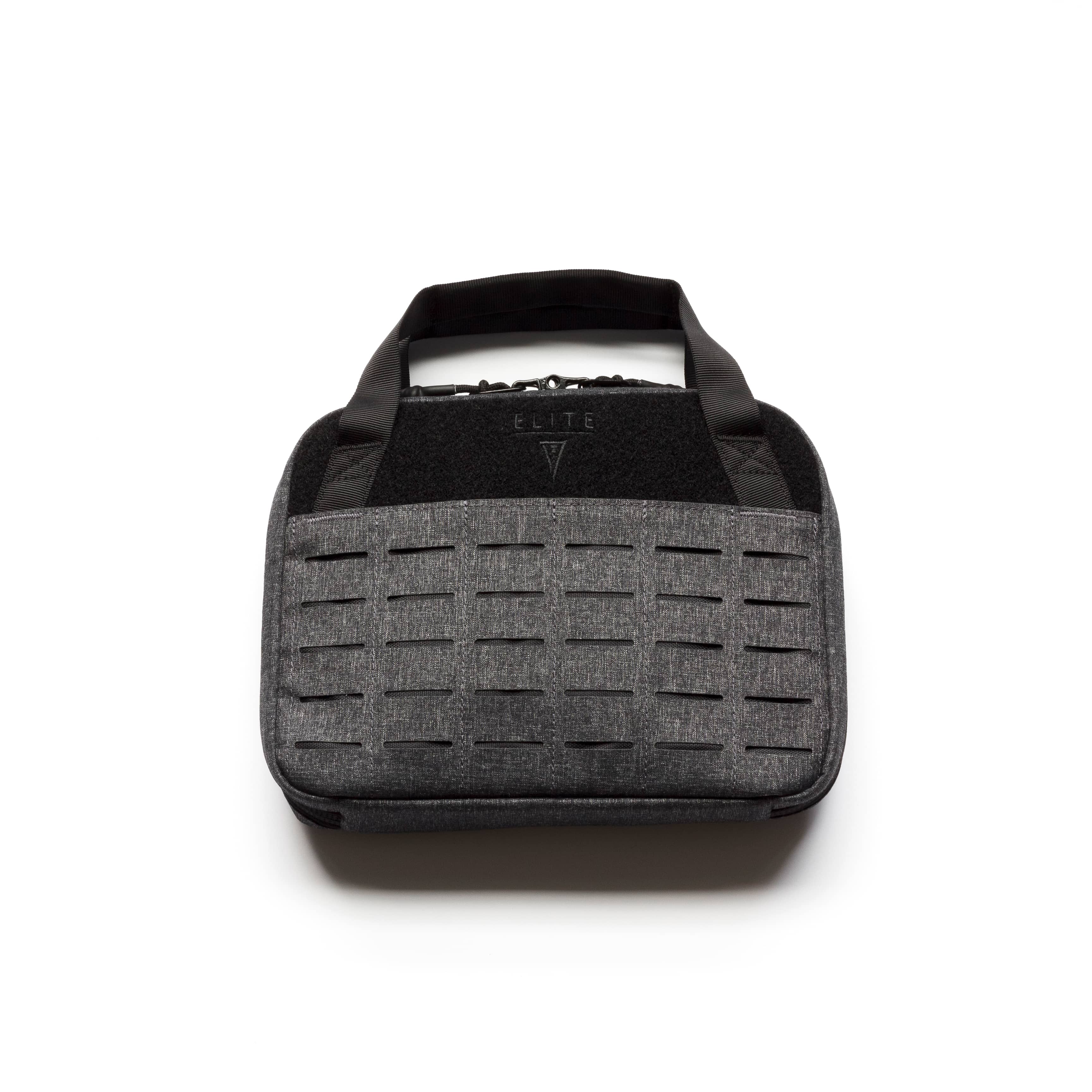 A dark gray and black tactical pouch with a textured front panel, top handle, and a triangular logo on the front, shown against a plain white background.