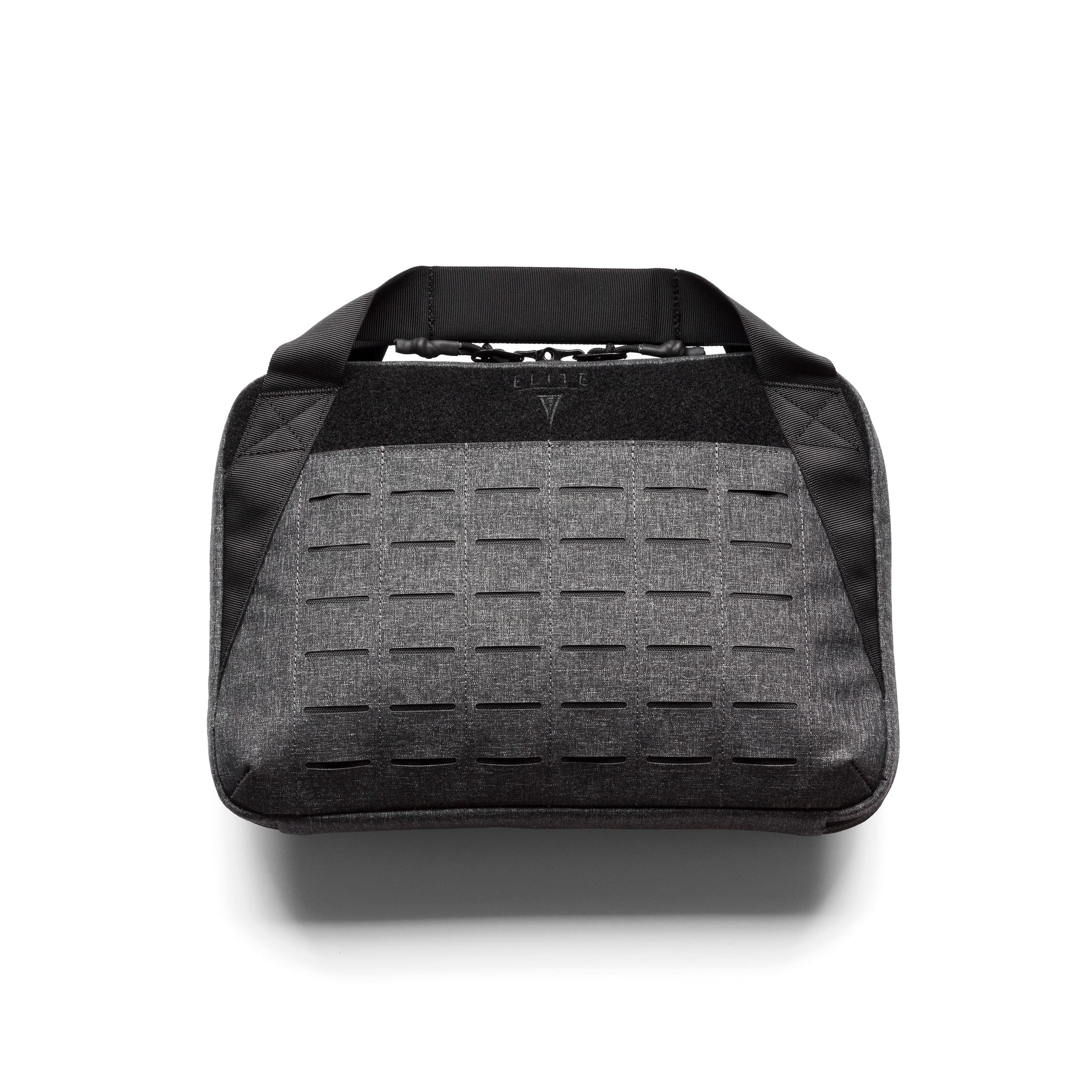 A slate grey handgun case with laser molle compatibility and velcro loop patch. Pistol case with locking zippers.