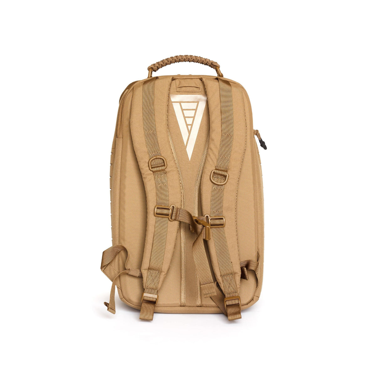 Apex 24L backpack in tan, rear view showing padded shoulder straps with D-rings, an adjustable sternum strap, and the logo on the back panel.