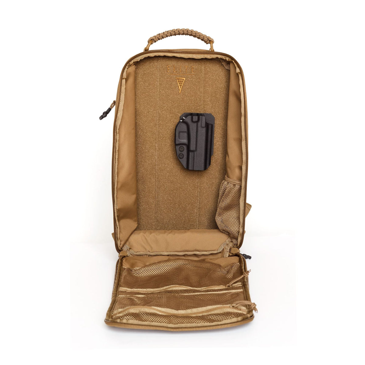 Apex 24L backpack in tan, opened flat to show the hook-and-loop interior panel with a Kydex holster attached, a side mesh bottle pocket, and mesh organizer pockets in the front flap.