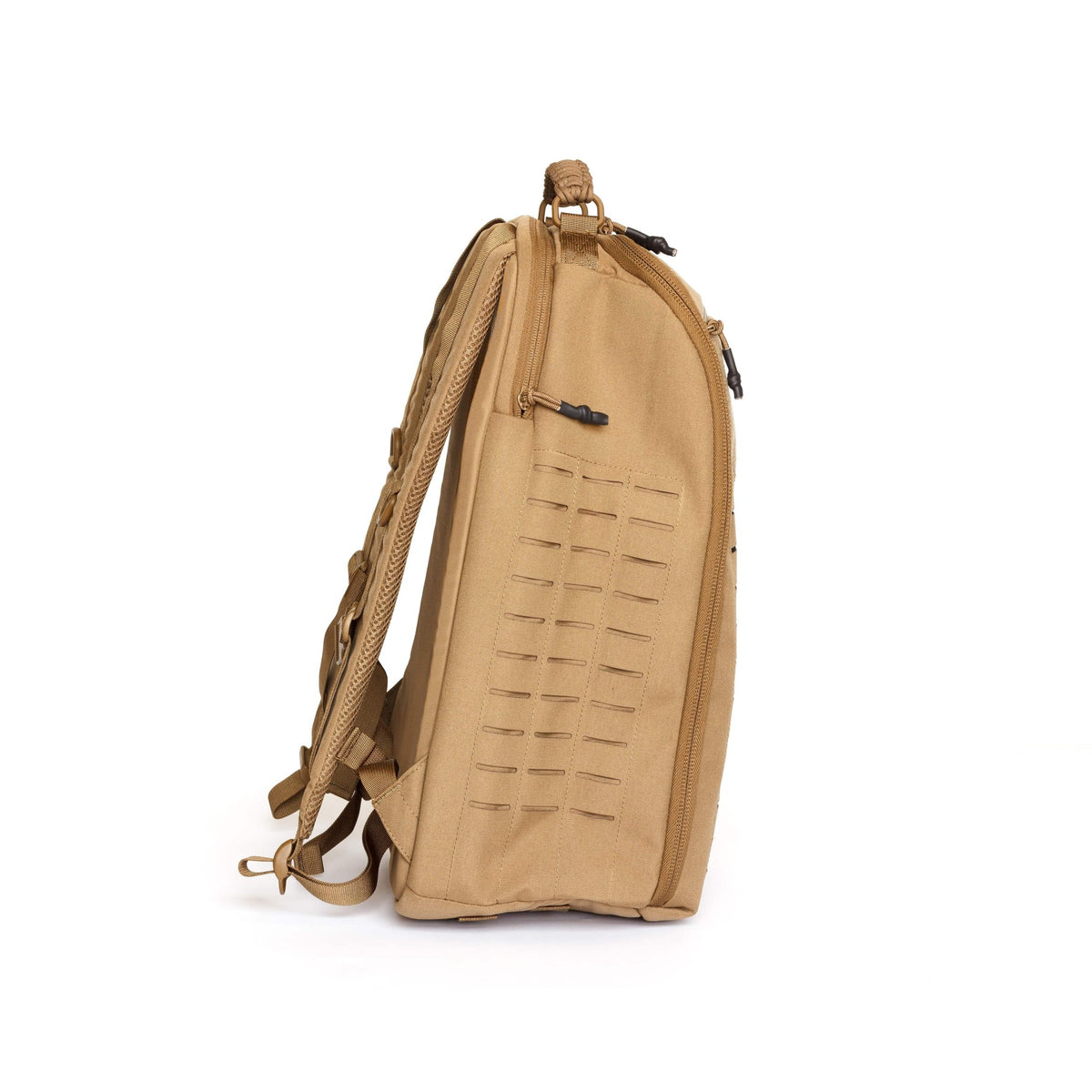 Apex 24L backpack in tan, side profile showing the laser-cut MOLLE side panel, side zip pocket, and padded shoulder strap.