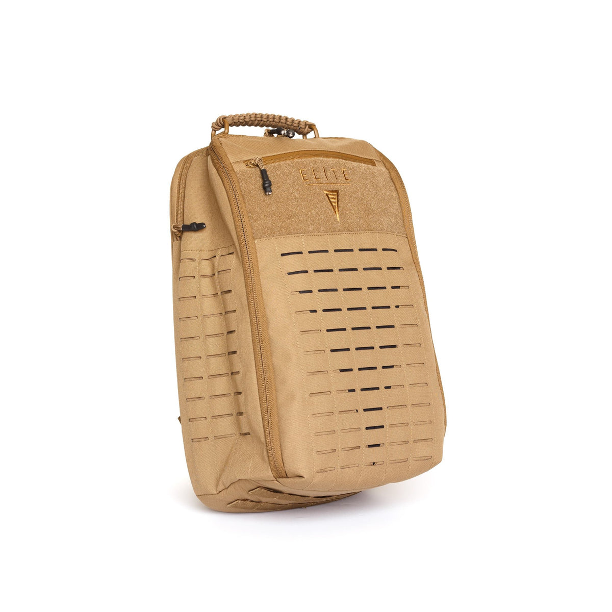 Apex 24L backpack in tan, three-quarter front view showing laser-cut MOLLE on the front and side panels and the paracord-wrapped carry handle.