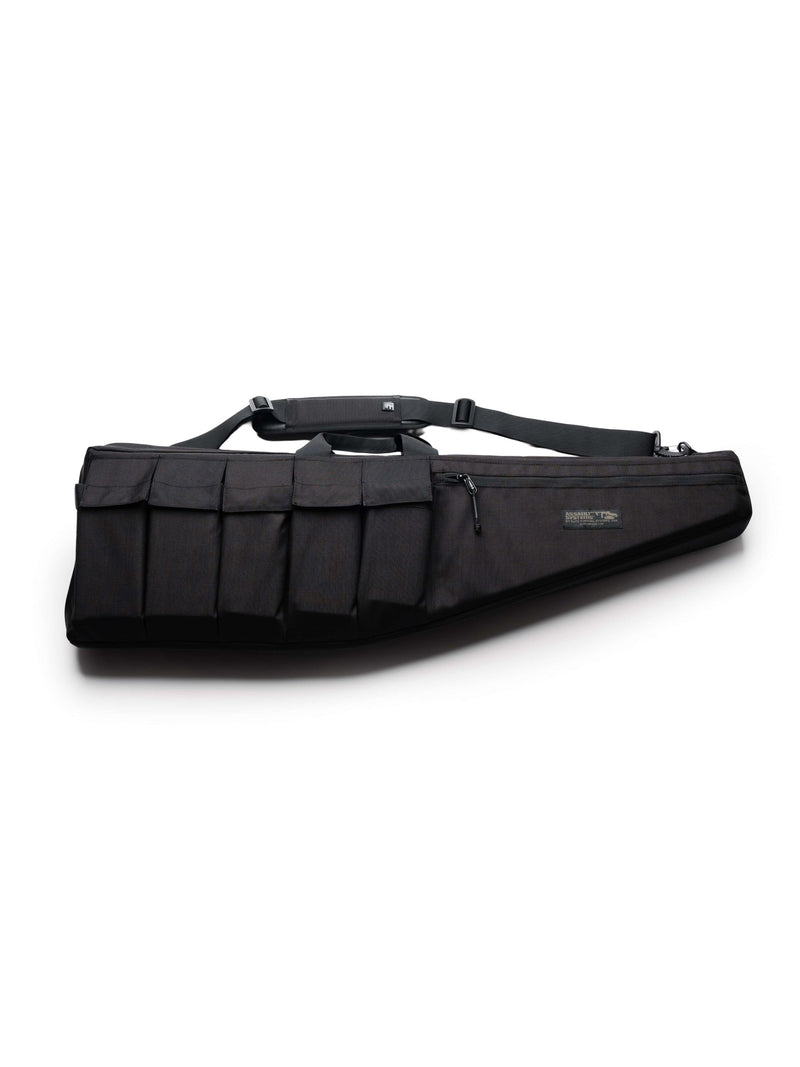 Black Assault Systems Tactical Rifle Case with five magazine pouches, zippered accessory pocket, carry handles, and padded shoulder strap