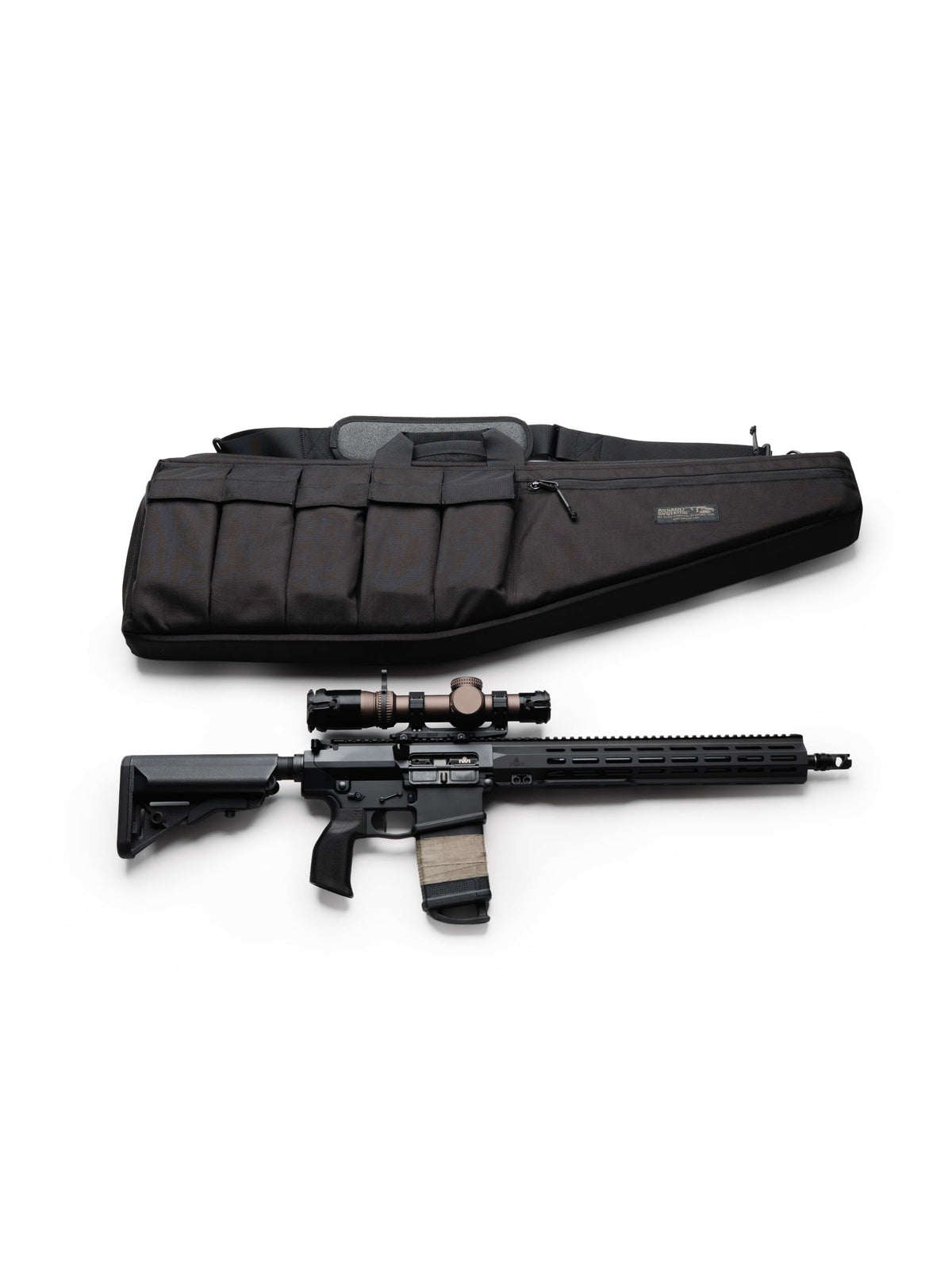 Black Assault Systems Tactical Rifle Case laid above a scoped AR-15 rifle to show the size fit