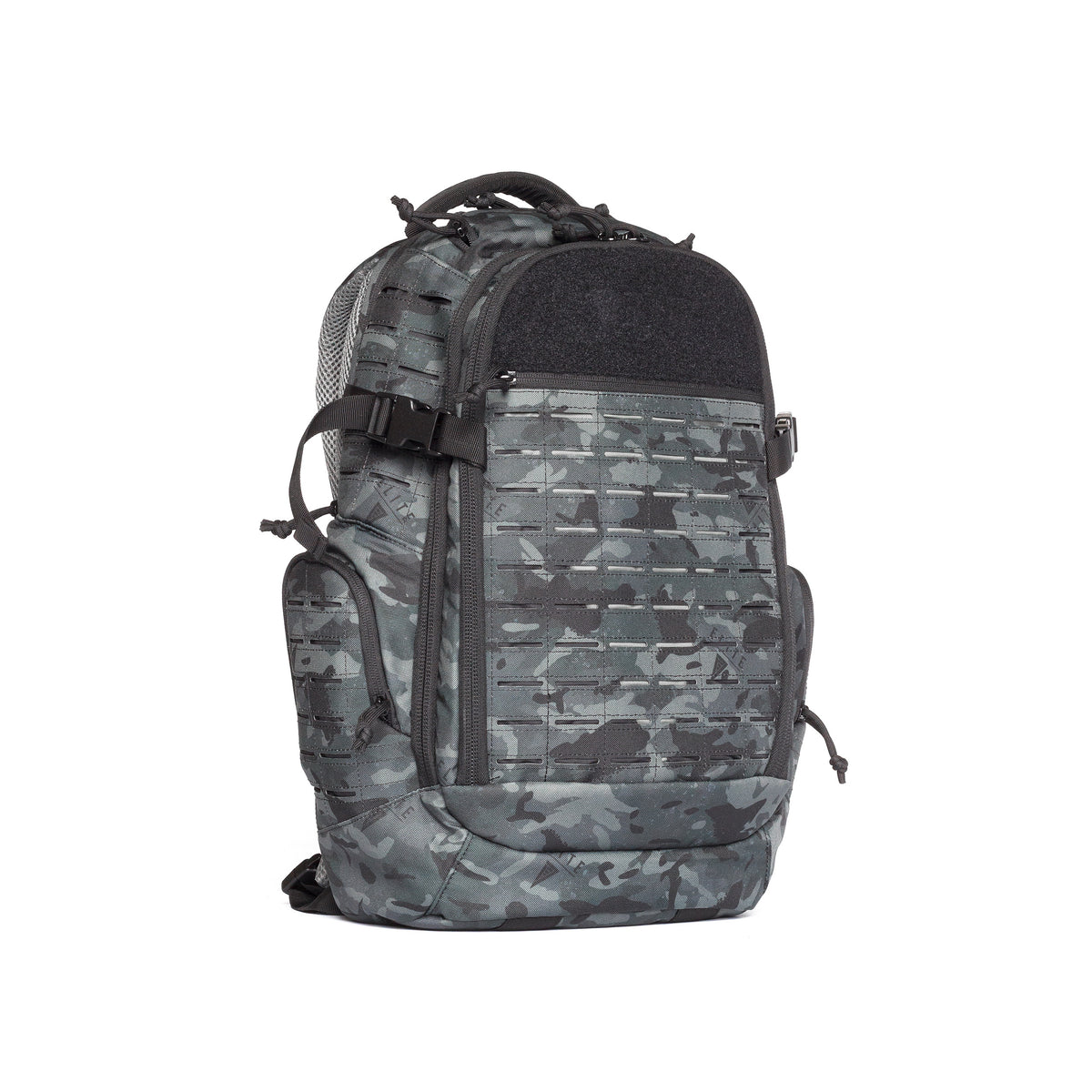 A tactical backpack in a gray and black camouflage pattern, featuring MOLLE webbing on the front, a black top panel, and side compression straps, shown against a plain white background.
