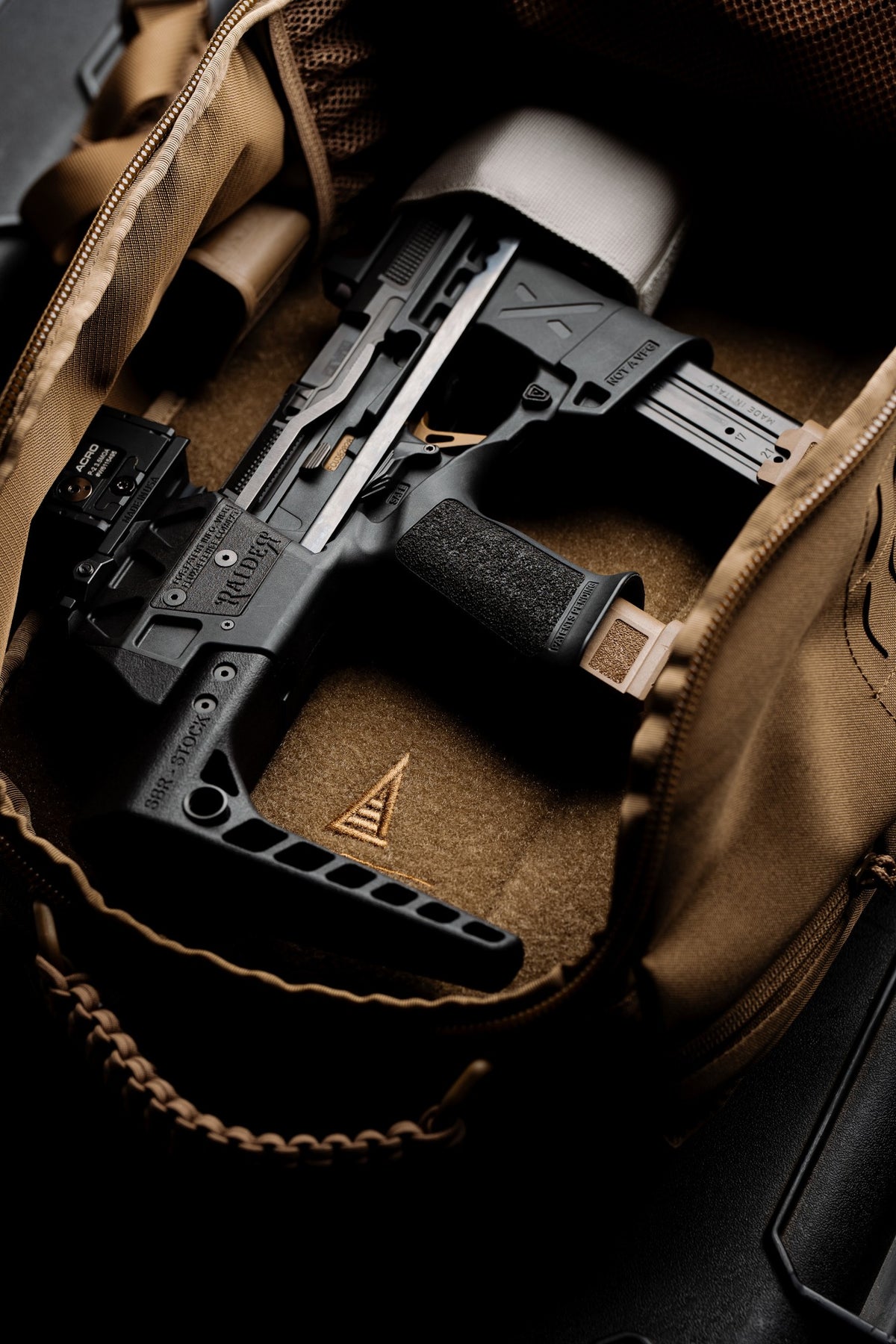 Compact SBR with red dot and folded stock stored inside the Coyote Tan LOADOUT Range Bag