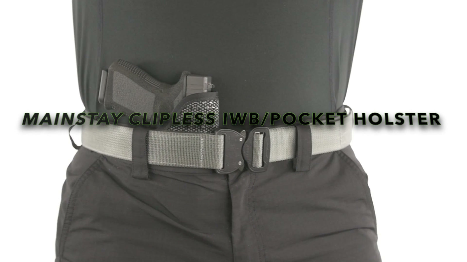 The Mainstay Clipless IWB holster worn inside the waistband, from the product video.
