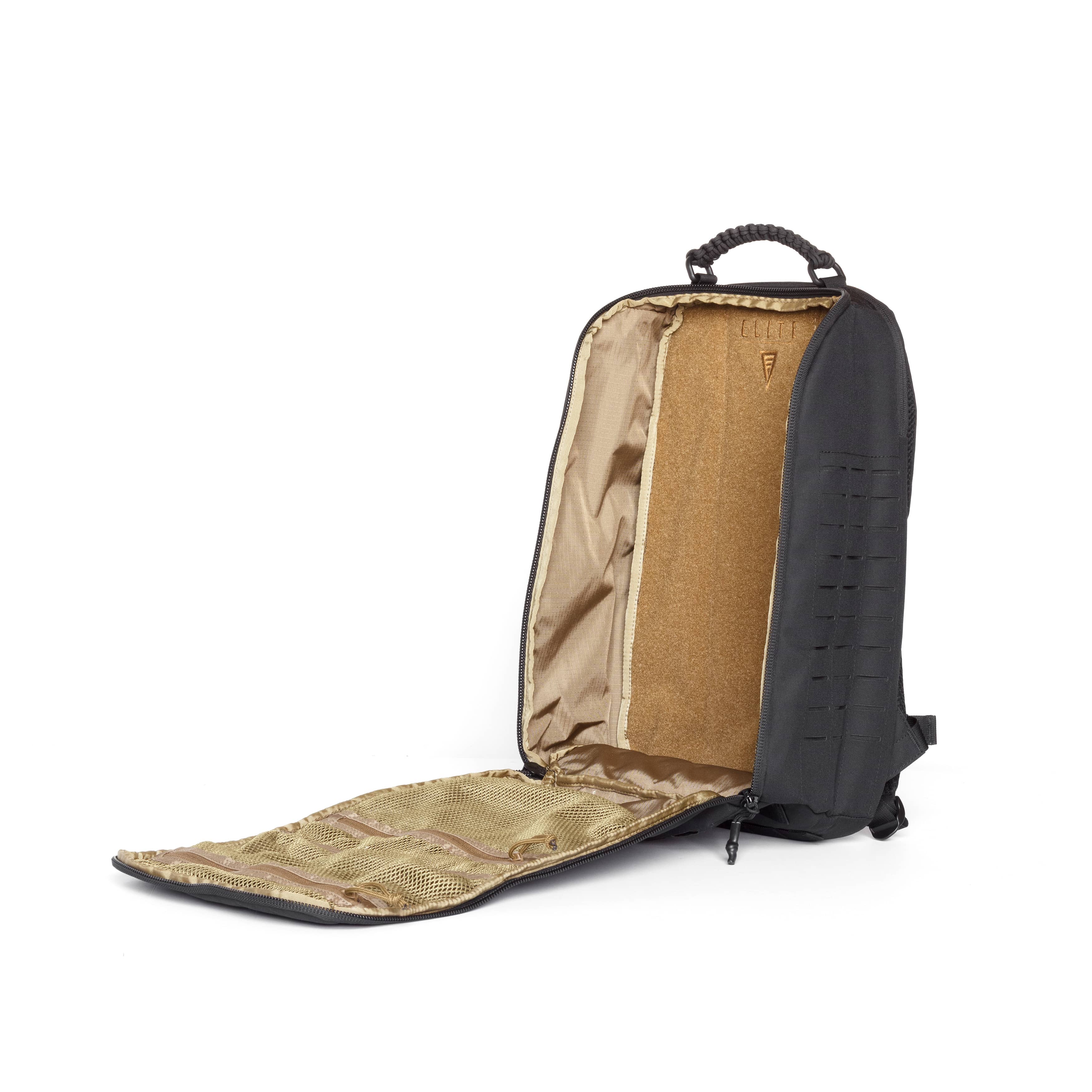 A black tactical backpack shown open, displaying its tan interior lining, zippered compartments, and MOLLE webbing on the side, set against a plain white background.