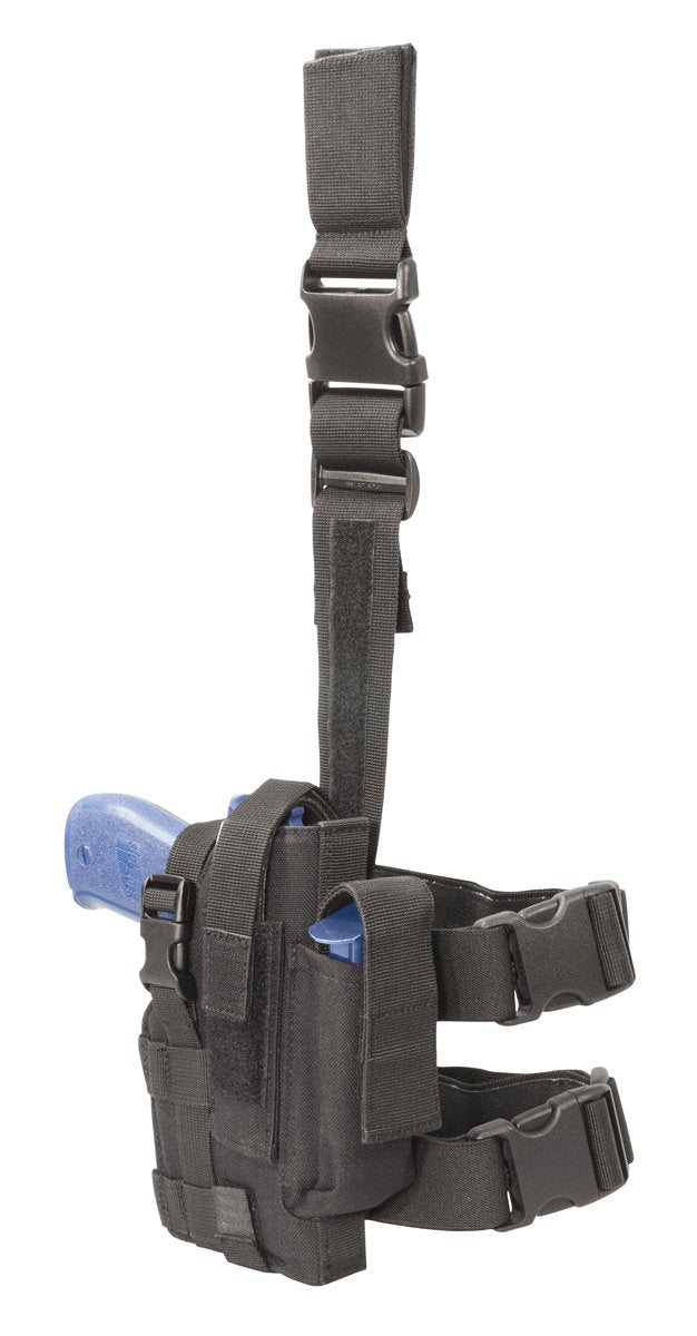 Tactical thigh holster in black with dual leg straps.