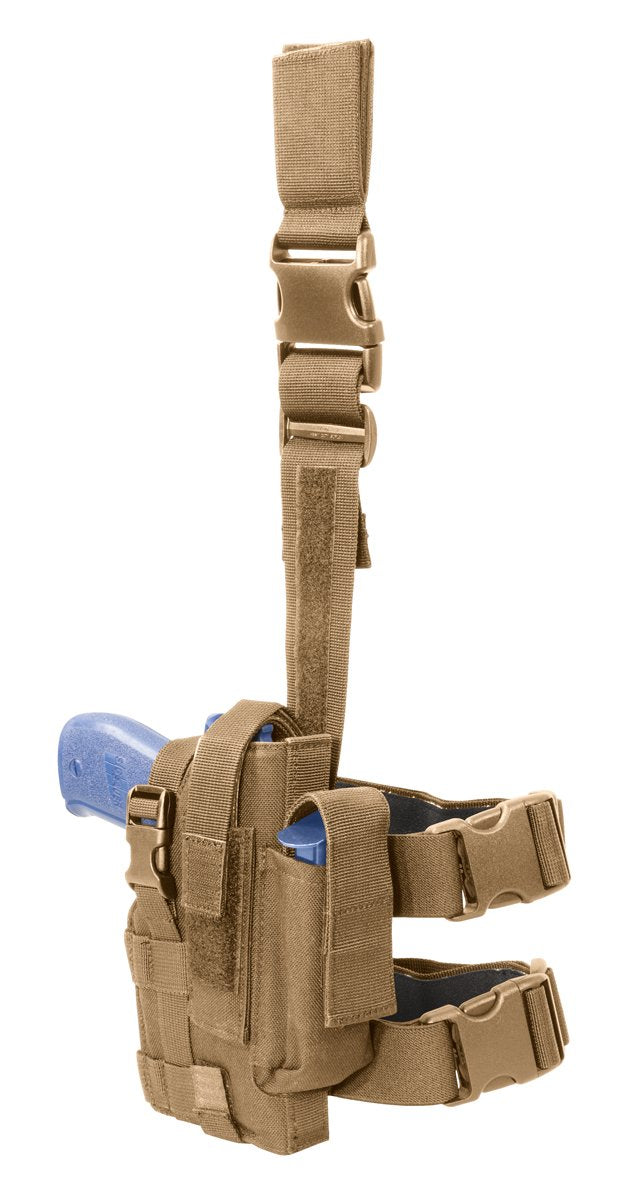  Tactical Pistol Holster for thigh carry shown in coyote tan.