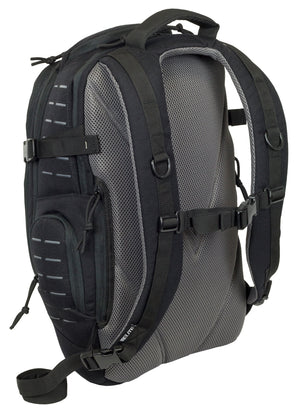 Back side of Guardian backpack with dual concealed carry pockets, vented back panel, and dual backpack straps with yoke design.