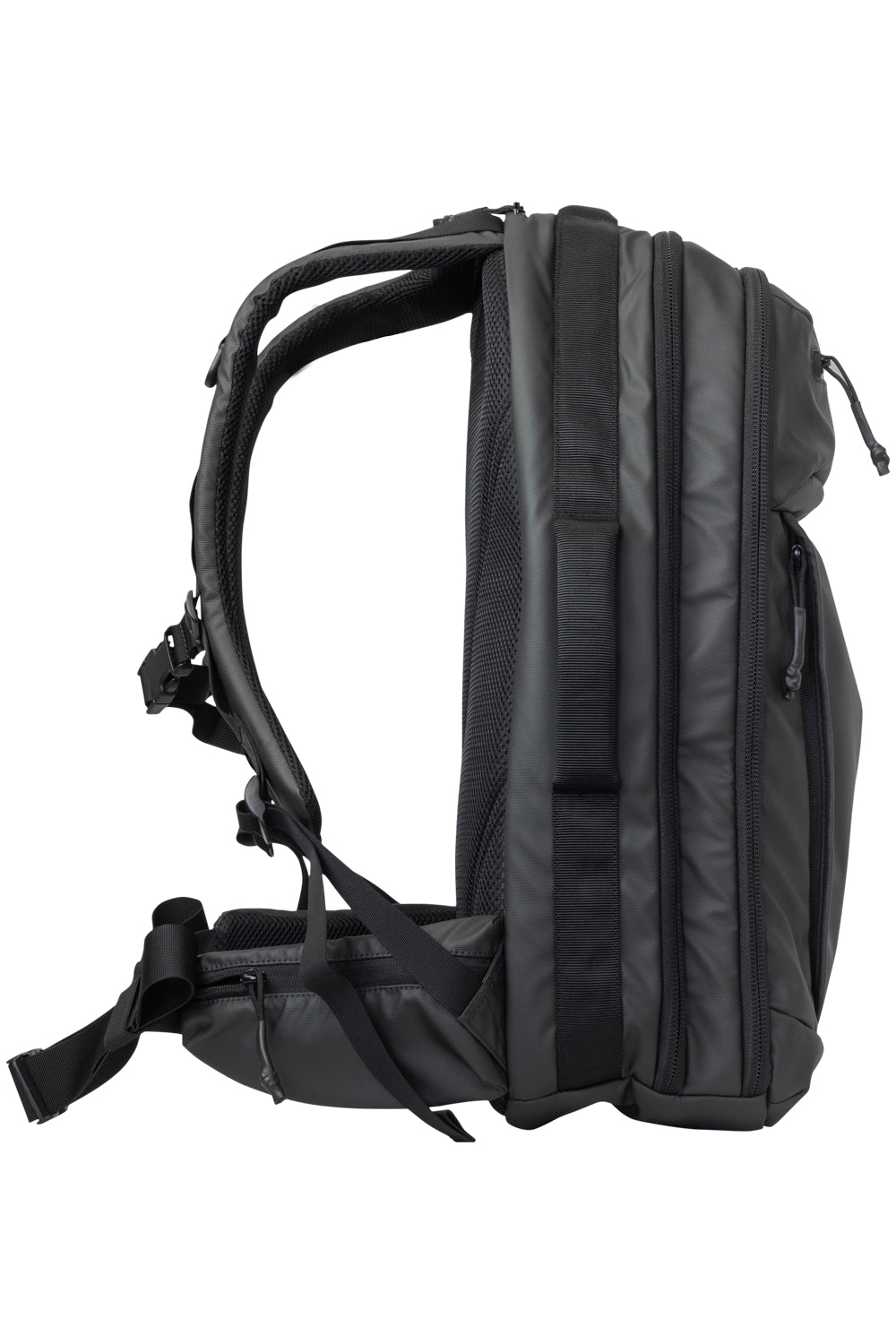 Side view of SBR Backpack. Dual backpack straps with sternum strap and waist strap are shown.