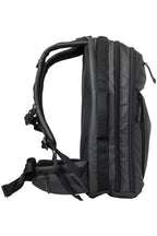 Side view of SBR Backpack. Dual backpack straps with sternum strap and waist strap are shown.