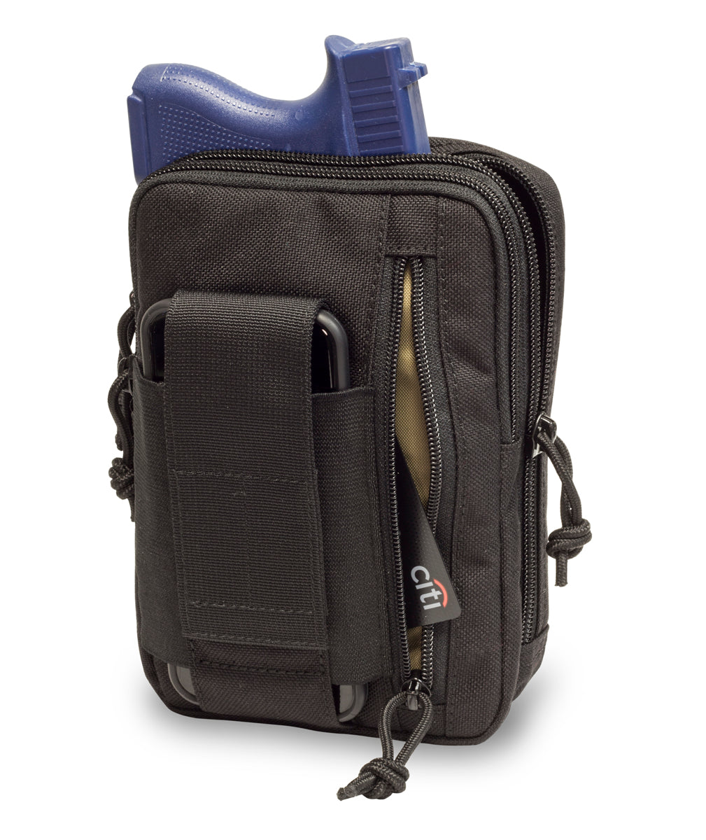 Black liberty gunpack with gun sticking out, showing size and features.