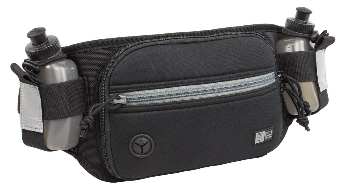 Marathon Gun Pack for runners and hikers, shown with 2 water bottles (included)