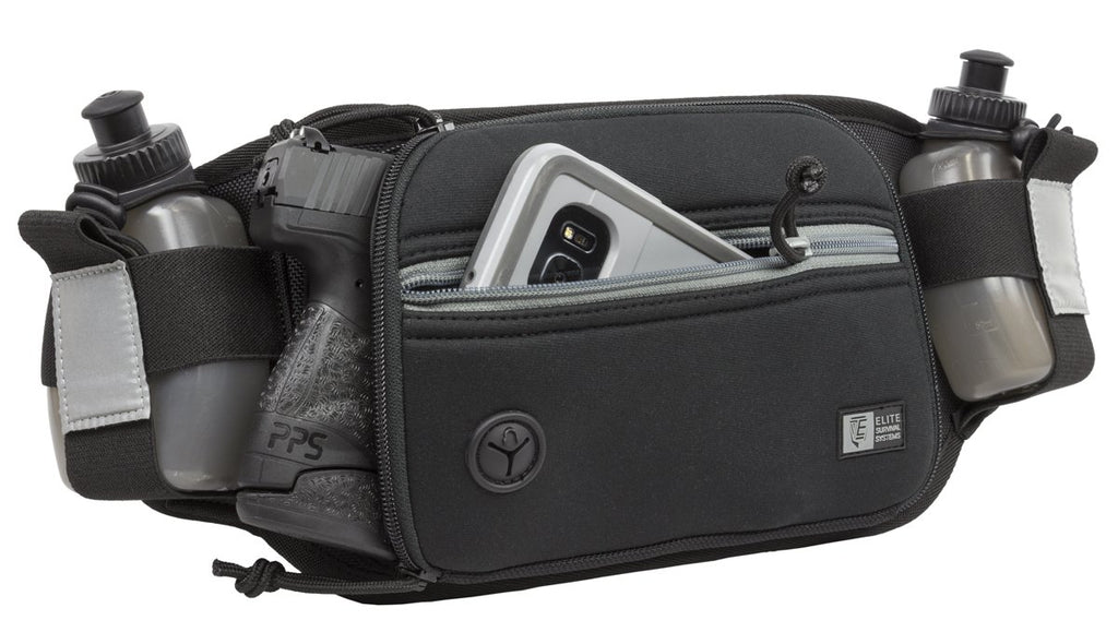 Marathon Gun Pack shown with phone and firearm in pockets, black color with gray zipper