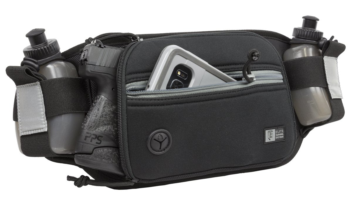 Marathon Gun Pack shown with phone and firearm in pockets, black color with gray zipper