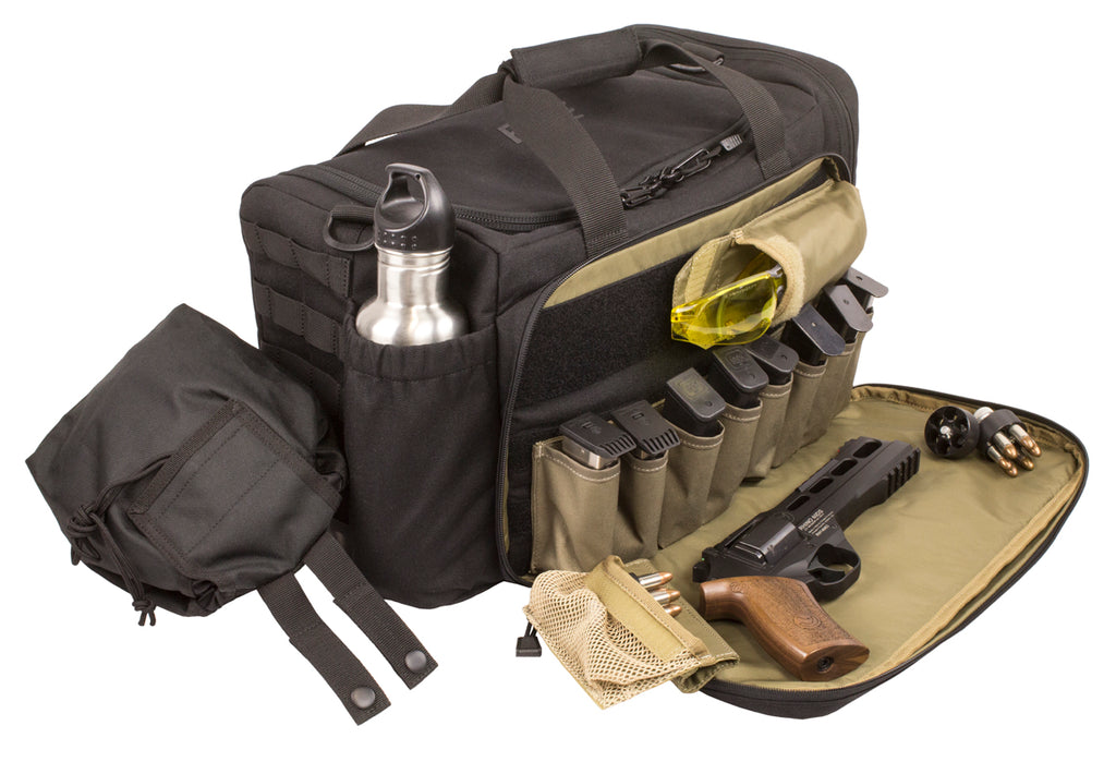 Loadout Range Bag for handguns, shown with spare magazines, water bottle pocket, eyewear pocket, removable dump pouch, and handgun mat.