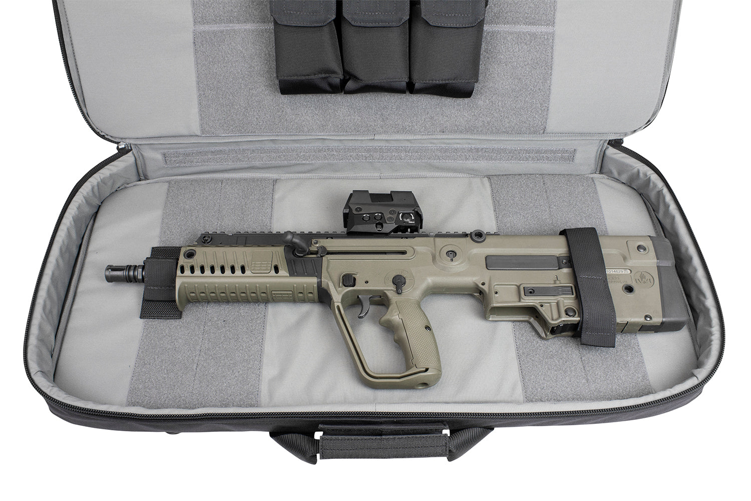 Discreet Rifle Case with bullpup rifle shown. Secured with hook and loop tie-down straps.