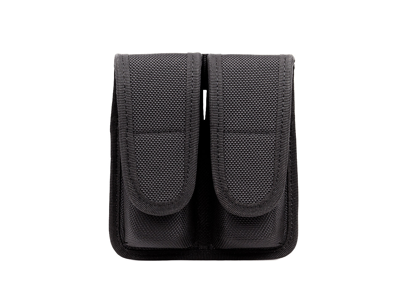Molded magazine pouch fits two magazines, can be worn horizontal or vertical on belt.