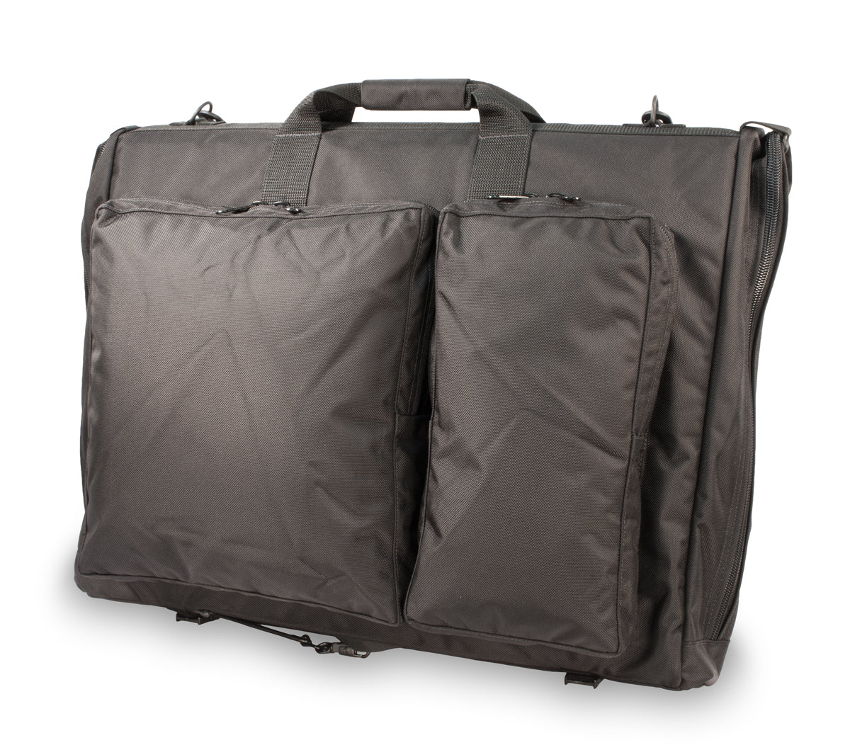 Deluxe garment bag. Pictured closed with two pockets.